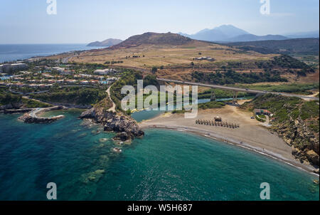 Aerial view from drone on Geropotamos beach and road bridge over river on Crete, Greece, Rethymno prefecture. Stock Photo