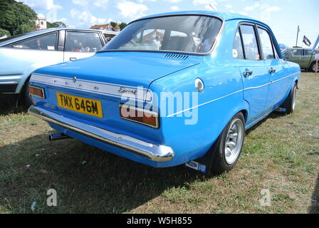 A 1974 Ford Escort Mk1 parked up on display at the Riviera classic car show, Paignton, Devon, England. UK. Stock Photo