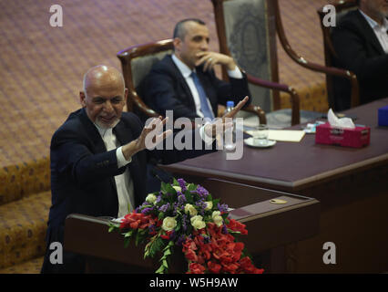 Kabul, Afghanistan. 28th July, 2019. Afghan presidential candidate Mohammad Ashraf Ghani speaks during an election campaign in Kabul, capital of Afghanistan, July 28, 2019. Campaign for the Afghan presidential election in late September started on July 28 amid growing attacks and fear of frauds in the militancy-plagued country. A total of 18 candidates, including incumbent President Mohammad Ashraf Ghani, embarked on a two-month campaign which will conclude on Sept. 25. Credit: Rahmatullah Alizadah/Xinhua/Alamy Live News Stock Photo