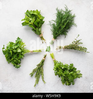 Different fresh herbs on gray background. Ingredients for healthy cooking. Stock Photo