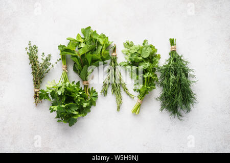 Different fresh herbs on gray background. Ingredients for healthy cooking. Stock Photo