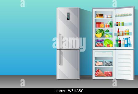 Banner with modern grey chromium-plated fridge freezer closed and opened with colorful food supplies inside: fruits, vegetables, milk, drinks and Stock Vector