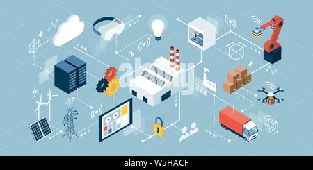 Industrial internet of things, innovative manufacturing and smart industry: isometric network of concepts Stock Vector