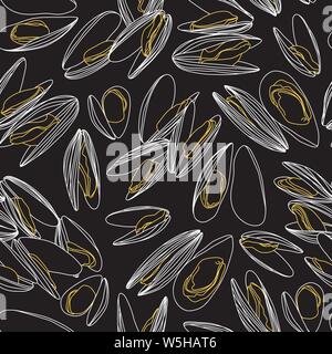 Hand Drawn Mussels Sketch Line Drawing Ornamental Seamless Pattern on Black Stock Vector