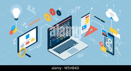 App development process: idea, analysis, wireframing, coding, design, testing and launch; isometric vector Stock Vector