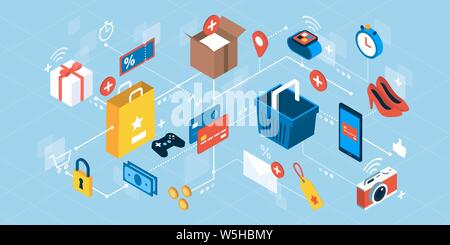 Online shopping, e-payments and express delivery; network of isometric vector concepts Stock Vector