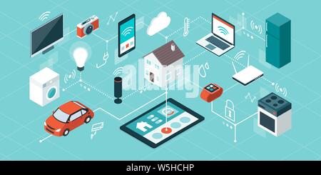 Internet of things, domotics and smart home innovations, isometric network of connected devices and appliances Stock Vector