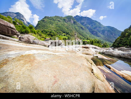 Traveling to beautiful Swiss Lavertezzo village in summer Stock Photo