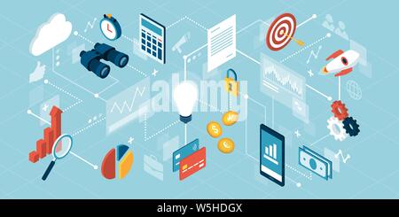 Business and finance management, banking and accounting network of concepts, isometric vector Stock Vector