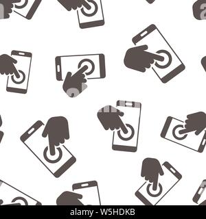 Hand touch smartphone icon seamless pattern background. Phone finger vector illustration on white isolated background. Cursor touchscreen business con Stock Vector