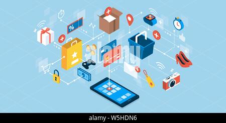 Online shopping app on a smartphone, e-payments and express delivery; network of isometric vector concepts Stock Vector