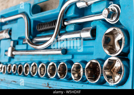 Set of Ratchets wrench block in the tool box. Stock Photo