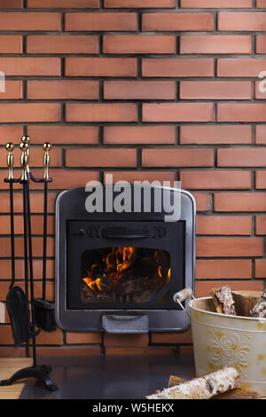 Comfort interior with closed burning fireplace. Composition, firewood, items for the furnace Stock Photo