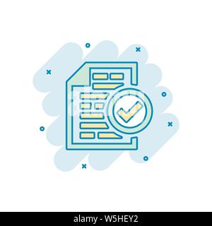 Compliance document icon in comic style. Approved process vector cartoon illustration on white isolated background. Checkmark business concept splash Stock Vector