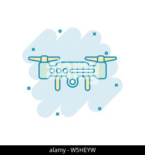 Drone quadrocopter icon in comic style. Quadcopter camera vector cartoon illustration on white isolated background. Helicopter flight business concept Stock Vector