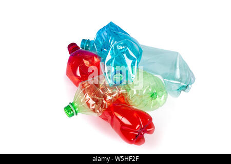 Crushed plastic bottles isolated on  white background Stock Photo