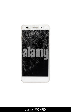 Broken smart phone with cracked screen isolated on white background. Stock Photo