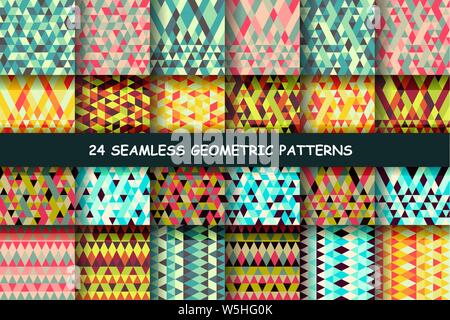 Seamless colorful geometry triangle pattern, color abstract background, Big set. Fashion design. Vector illustration Stock Vector