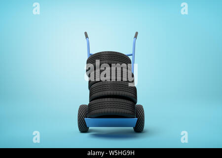 3d rendering of black vehicle tires on a hand truck on blue background Stock Photo