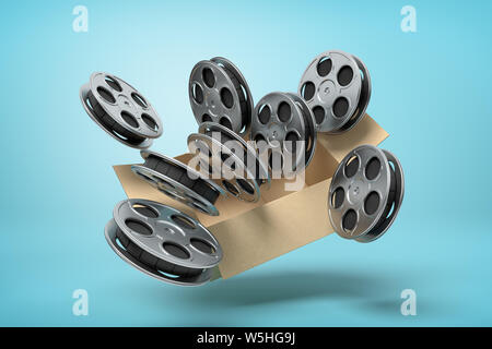 3d rendering of cardboard box in air full of film reels which are flying  out and floating outside on blue background Stock Photo - Alamy