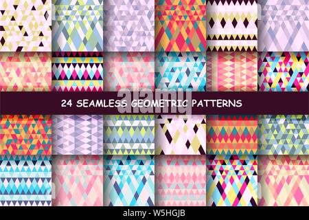 Seamless colorful geometry triangle pattern, color abstract background, Big set. Fashion design. Vector illustration Stock Vector