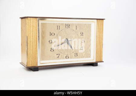 old wooden  clock on white background Stock Photo