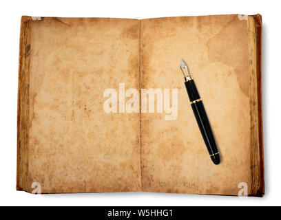 old copybook with fountain pen   isolated on white background Stock Photo