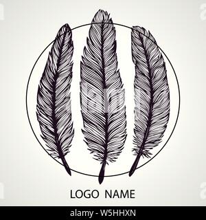Hand drawn logo with feather isolated on white background. Feathers set. Vintage illustration. Hand made vector logotype. Stock Vector