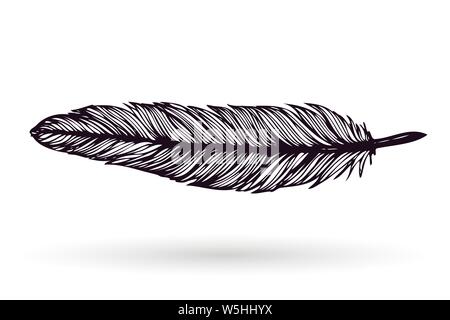 Hand drawn feather isolated on white background. Artistic ink vector illustrations. Vintage tribal feather. Outline vector drawing. Stock Vector
