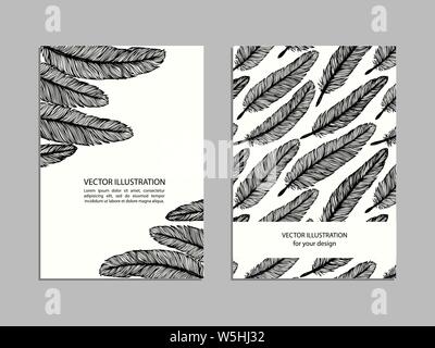 Hand drawn doodle feathers. Cover template collection. Artistic cute celebrating cards. Set design elements. Outline vector drawing. Stock Vector