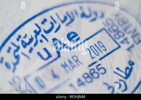 Dubai, United Arab Emirates - May 2019: closeup on UAE customs border control admission stamp Stock Photo