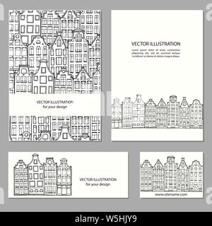Hand drawn house, card template collection. Drawing cards templates. Set design elements. Doodle scandinavian Amsterdam houses. Vector Illustration. Stock Vector