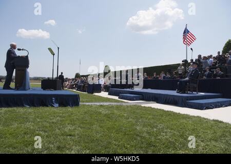 Vice President Mike Pence speaks during a Full Honors Welcome Ceremony for Secretary of Defense Dr. Mark T. Esper, at the Pentagon, Washington, D.C. July 25, 2019, July 25, 2019. (DoD photo by Lisa Ferdinando). () Stock Photo