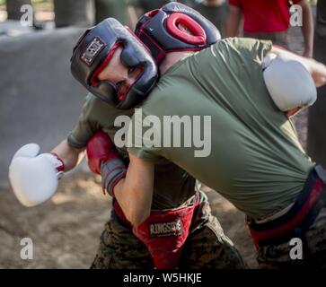 Recruits with Delta Company, 1st Recruit Training Battalion, practice the fundamentals of body sparring on Marine Corps Recruit Depot Parris Island, S.C, July 25, 2019. July 25, 2019. Body sparring is an exercise that exemplifies the fundamentals of Marine Corps Martial Arts and forces recruits to overcome physical and mental fatigue. (U.S. Marine Corps photo by Lance Cpl. Dylan Walters). () Stock Photo