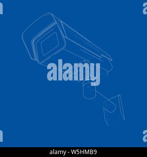 Outline CCTV camera. Security camera. Vector rendering of 3d. Wire-frame style. The layers of visible and invisible lines are separated Stock Vector