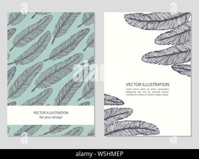 Hand drawn doodle feathers. Cover template collection. Artistic cute celebrating cards. Set design elements. Outline vector drawing. Stock Vector
