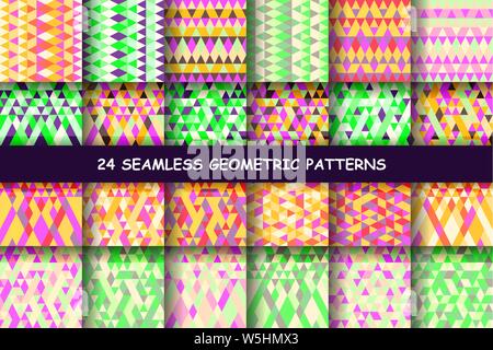 Seamless colorful geometry triangle pattern, color abstract background, Big set. Fashion design. Vector illustration Stock Vector