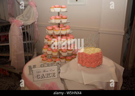 Pink cupcakes with large pink wedding cake, all set up on the wedding day waiting for the bride and groom to cut them at their wedding celebration Stock Photo