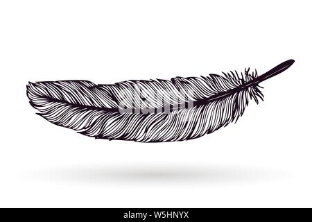 Hand drawn feather isolated on white background. Artistic ink vector illustrations. Vintage tribal feather. Outline vector drawing. Stock Vector