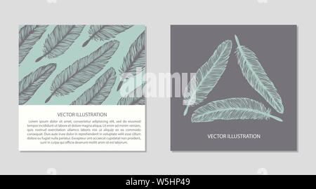 Hand drawn doodle feathers. Cover template collection. Artistic cute celebrating cards. Set design elements. Outline vector drawing. Stock Vector