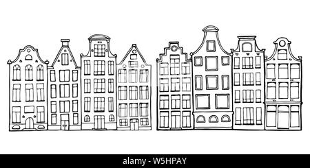 Cartoon hand drawn ink houses. Doodle scandinavian Netherlandish hous. Adult coloring page. Outline vector drawing for card, poster. Stock Vector
