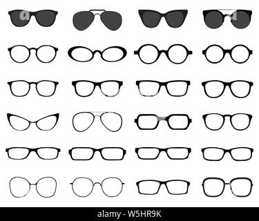 Black silhouettes of different eyeglasses on a white background Stock Photo