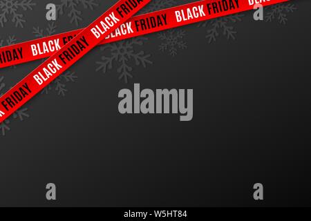 Template for Black Friday sale on black background. Crossed red ribbons with text. Snowflakes background. Super seasonal sale. Festive graphic element Stock Vector