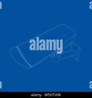 Outline CCTV camera. Security camera. Vector rendering of 3d. Wire-frame style. The layers of visible and invisible lines are separated Stock Vector