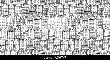 Hand drawn doodle houses pattern. Samless background in black and white. Netherlandish hous. Vector illustration. Adult coloring page. Stock Vector