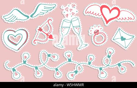 Valentines day hand drawn romantic doodle collection. Stickers vector set. Valentines symbols. Design for prints, cards and coloring page. Stock Vector