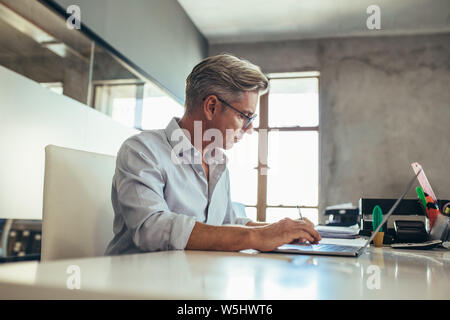 Mature businessman working at his desk. Male executive making notes while working on laptop in office. Stock Photo