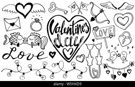 Valentines day hand drawn romantic doodle collection. Calligraphy and illustration vector set. Valentines symbols. Design for prints, cards and colori Stock Vector
