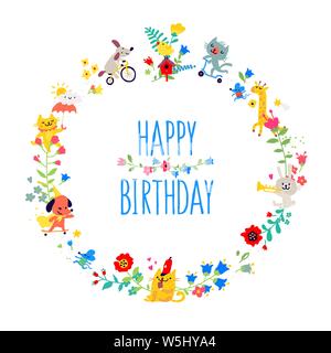 Illustrations in the form of a round wreath. Vector. Animals among the flowers congratulate you on your birthday. Children's cartoon, doodle style. Ci Stock Vector