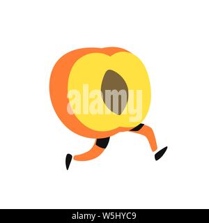 Illustration of a running peach. Vector. Icon of delicious apricot fruit. Flat cartoon style. Delivery service logo. Emblem for eco products shop. Stock Vector